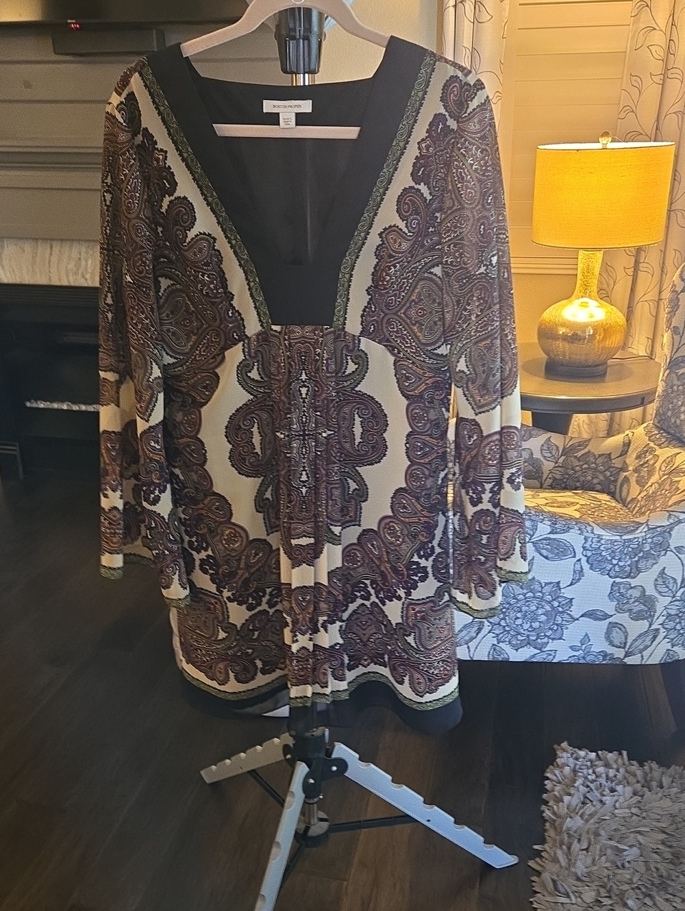 BOSTON PROPER Cream and Burgundy Paisley V-Neck Dress with Black Trim